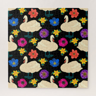 Puzzle Cygnes, fleurs, arrière - plan noir dessiné à la m