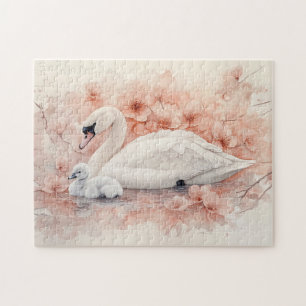 Puzzle Cygnet cygne cygne et fleurs roses blanches