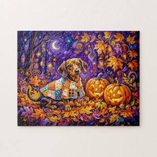Puzzle Dachshund assis parmi des citrouilles sous une nui