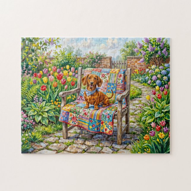 Puzzle Dachshund assis sur une chaise de jardin patchwork (Horizontal)