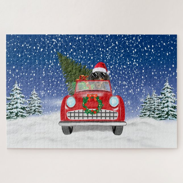 Puzzle Dachshund Chien Conduite Voiture En Noël De Neige (Horizontal)