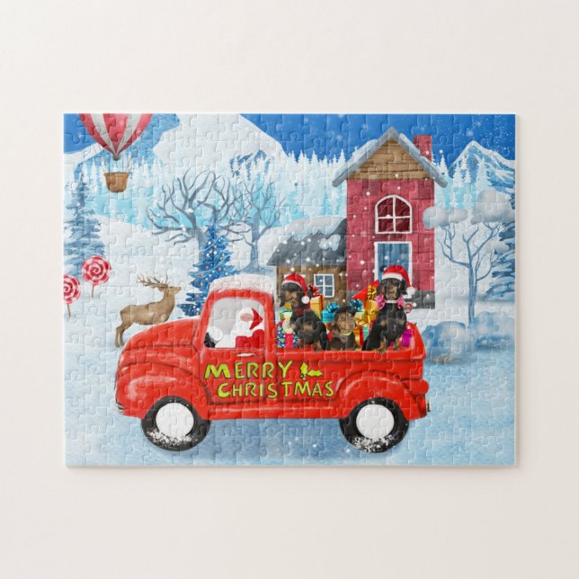 Puzzle Dachshund Chien en livraison de Noël Camion Neige (Horizontal)