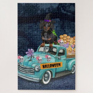 Puzzle Dachshund Chien Halloween Camion Effrayant Nuit