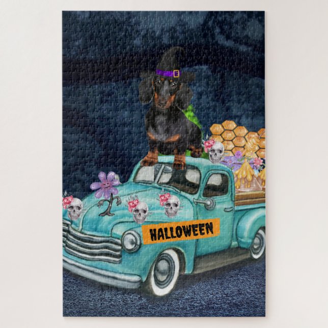Puzzle Dachshund Chien Halloween Camion Effrayant Nuit (Vertical)