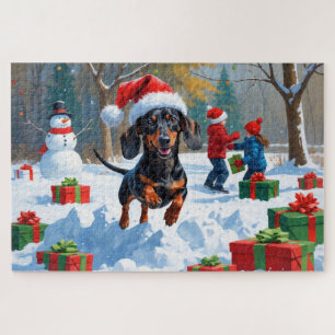 Puzzle Dachshund courant dans la neige avec un chapeau de