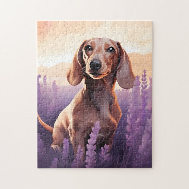 Puzzle Dachshund dans le champ Lavender (Vertical)