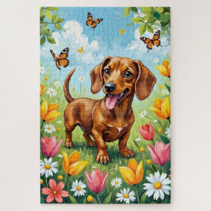Puzzle Dachshund Fleurs Printanières Chien Mignon