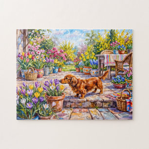 Puzzle Dachshund marchant à travers la floraison printani