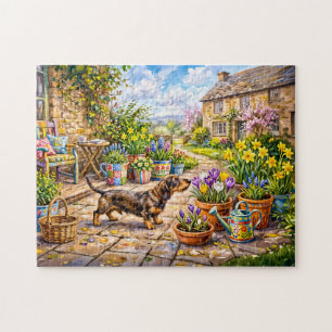 Puzzle Dachshund marchant à travers un patio de fleurs co