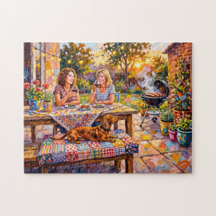 Puzzle Dachshund se reposant à côté d'un jardin du soir e
