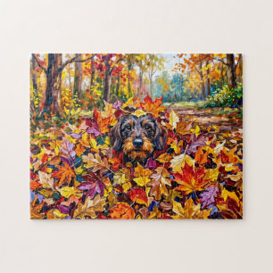 Puzzle Dachshund se reposant dans des feuilles d'automne