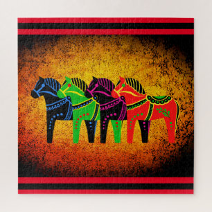 Puzzle Dala Horse, rouge, vert, bleu, noir, cheval folklo