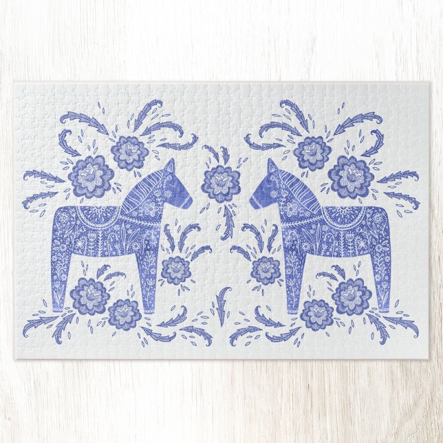Puzzle Dala suédois Cheval bleu et blanc (Swedish Dala Horse blue and white folk art jigsaw puzzle)