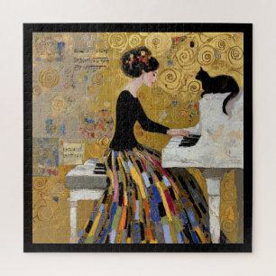 Puzzle Dame au piano Gold Klimt avec chat noir