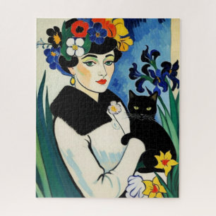 Puzzle Dame avec chat noir