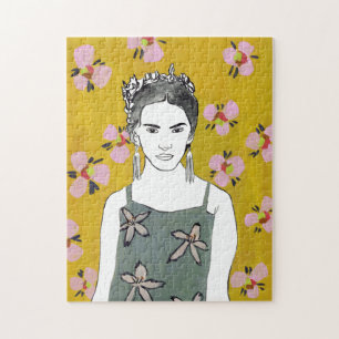 Puzzle Dame en fleurs roses - Jaune