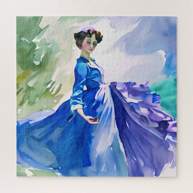 Puzzle Dame en Robe Bleue - Peinture aquarelle (Vertical)