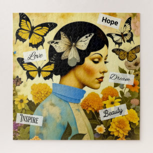 Puzzle Dame vintage, papillons, fleurs et inspirant