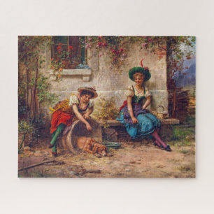 Puzzle Dames vintages En Bleu Rouge Et Chien Brown
