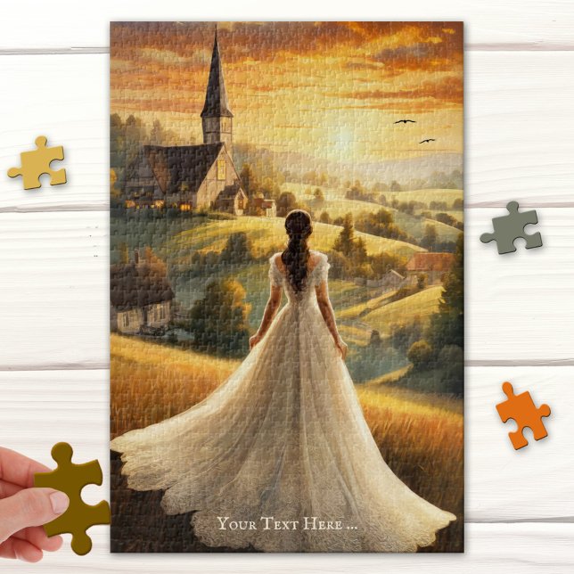 Puzzle d'art du paysage romantique vintage (Puzzle featuring a romantic fine art painting of a lady in a long dress looking at the sunset )