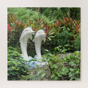 Puzzle Dauphin, statue, parc, plantes, fleurs, nature,