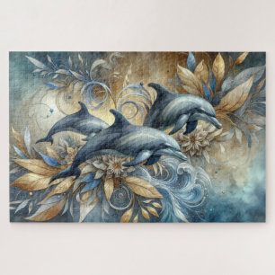 Puzzle Dauphins Élégants avec Vagues Florales Dorées