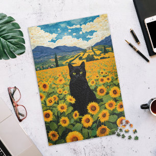 Puzzle de chat noir dans un champ de tournesols