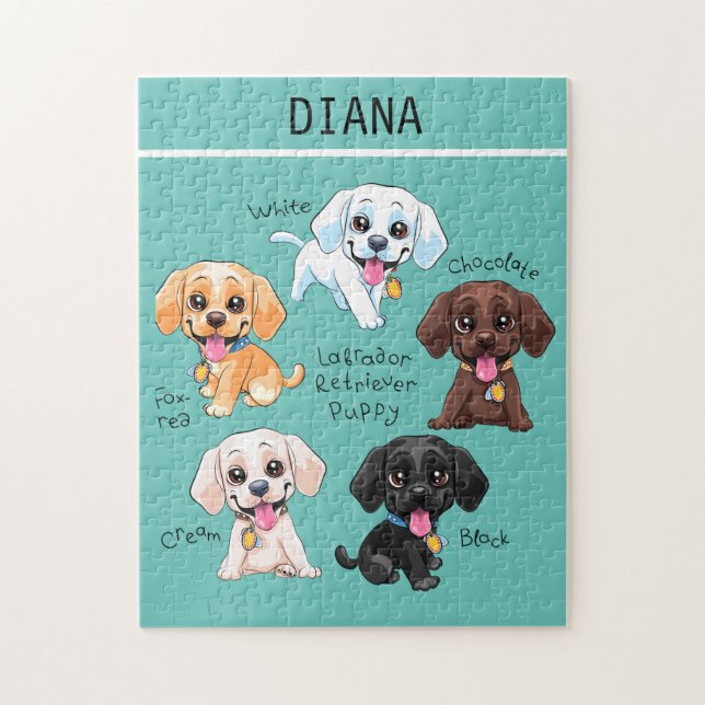 Puzzle de cinq chiots avec nom personnalisé. (Vertical)