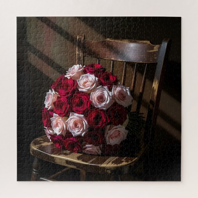 Puzzle De jolies roses sur une chaise rustique   (Vertical)