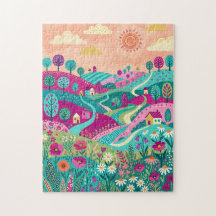 Puzzle de la colline de prairie turquoise magenta
