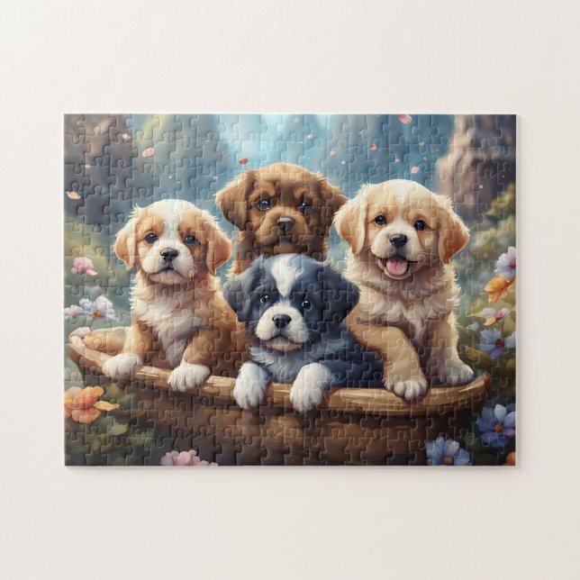 Puzzle De mignons chiots dans un panier (Horizontal)