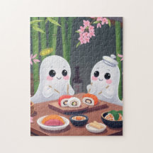 De mignons fantômes mangeant des sushis