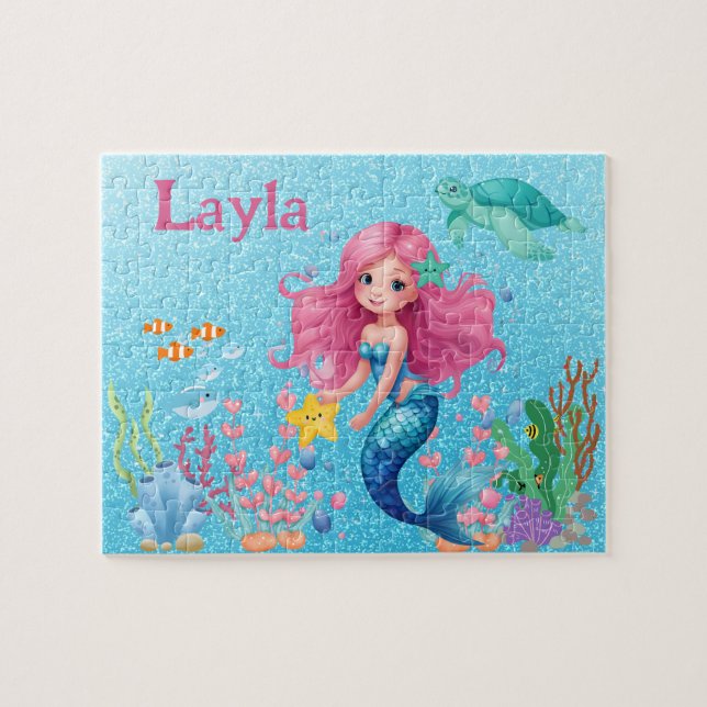 Puzzle de nom d'enfant de sirène personnalisée (Horizontal)