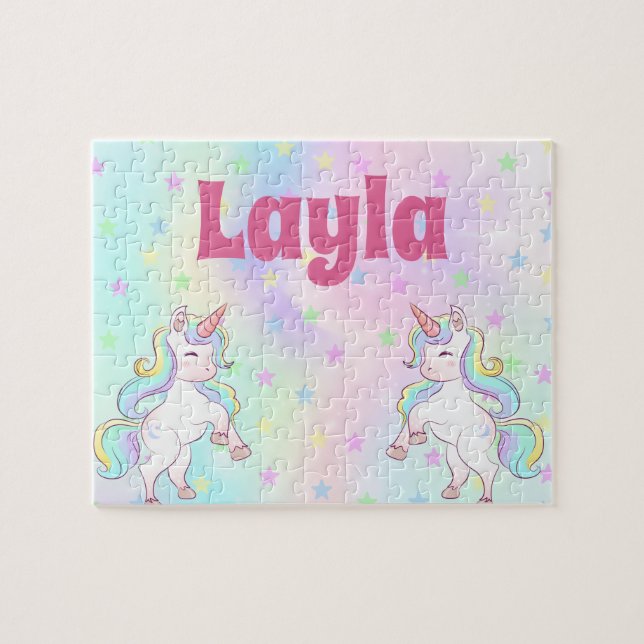 Puzzle de nom d'enfant Unicorne personnalisé (Horizontal)