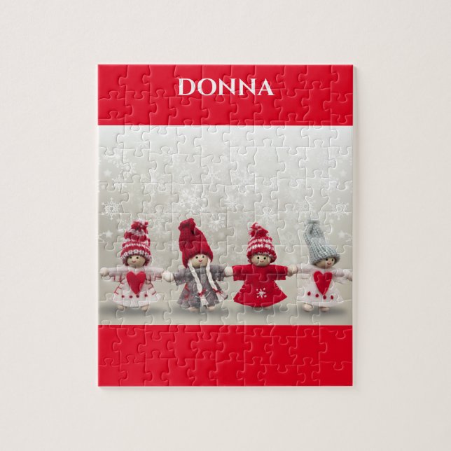 Puzzle de poupées d'hiver avec le nom de l'enfant. (Vertical)