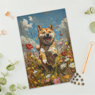 Puzzle de Shiba Inu dans un champ de fleurs sauvag