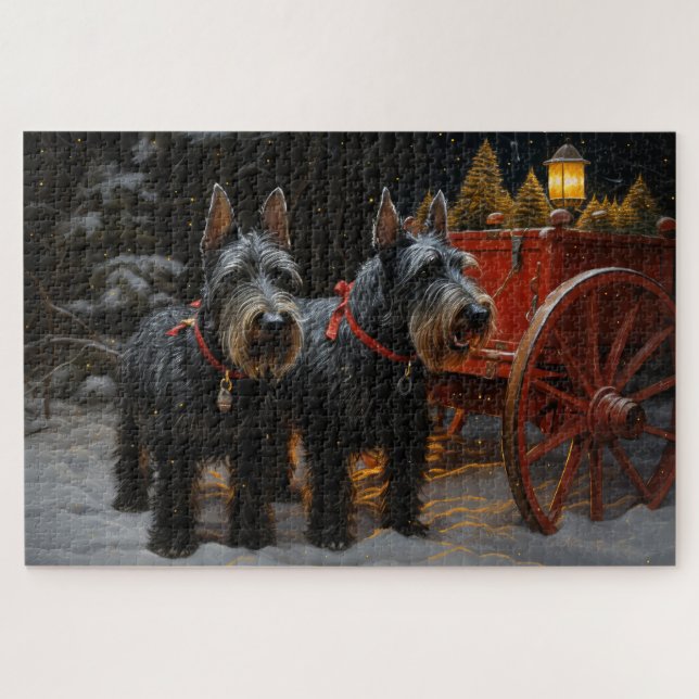 Puzzle Décor de Noël écossais Terrier Snowy Sleigh (Horizontal)