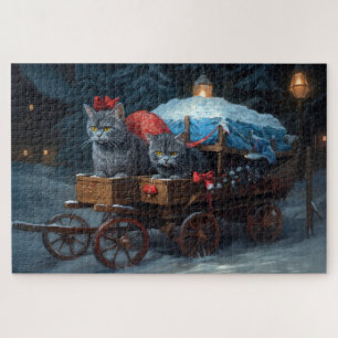 Puzzle Décor de Noël Oriental Blue Cat Snowy Sleigh