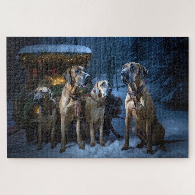 Puzzle Décor de Noël Rhodesian Ridgeback Snowy Sleigh (Horizontal)