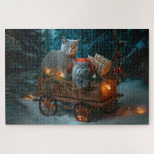 Puzzle Décor de Noël russe Blue Cat Snowy Sleigh