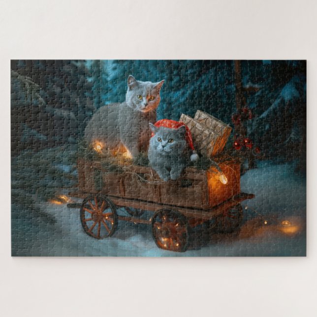 Puzzle Décor de Noël russe Blue Cat Snowy Sleigh (Horizontal)