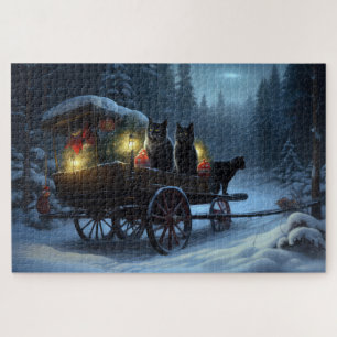 Puzzle Décor de Noël Traîneau enneigé de Chat Noir