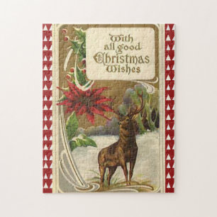 Puzzle Deer in a Snowy Wood, Poinsettia Christmas Wishes