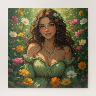 Puzzle Déesse Nymphe de la Nature d'Été en Robe Verte Fle