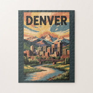 Puzzle Denver Colorado Illustration Sunset Travel Art