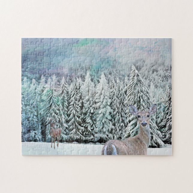 Puzzle des cerfs et des arbres d'hiver de neige (Horizontal)