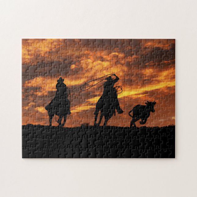 Puzzle Des cowboys au coucher du soleil rustique (Horizontal)