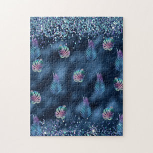 Puzzle Design bleu foncé avec Feuilles turquoise et rose