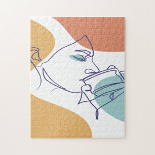 Puzzle dessin d'art affiche d'une femme buvant du café