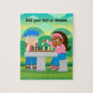 Puzzle Dessin, garçon et fille noire jouant aux échecs à 